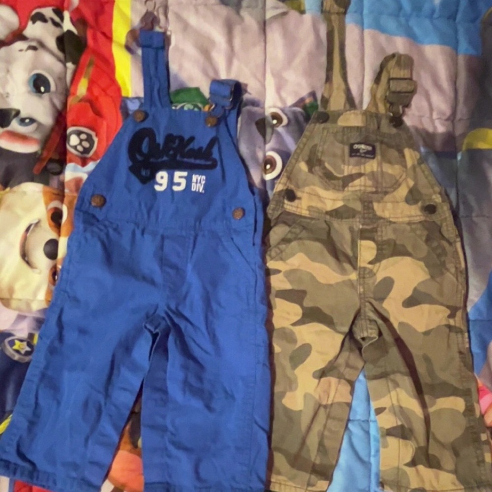OshKosh B'gosh Blue and Camo Overalls, pick 1 for 15 or both for 20!